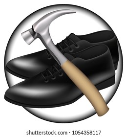 Vector. Men's shoes classic black shoes. Hammer for repair . Shoe repair, sign master. Mesh, realistic illustration