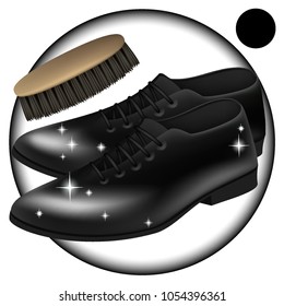 Vector. Men's shoes classic black shoes. Brush for cleaning shoes . Care, give Shine to shoes with means, skin cream . Mesh realistic illustration