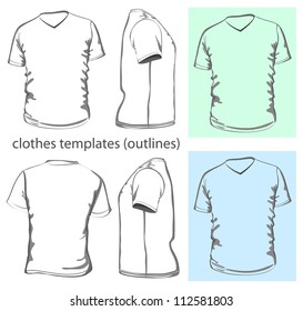 Vector. Men's t-shirt design template v-neck (front, back and side view). Outline