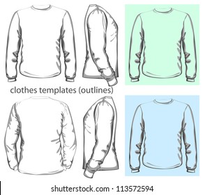 Vector. Plantilla de diseño de camisetas para hombres (vista frontal, trasera y lateral). Manga larga. esquema