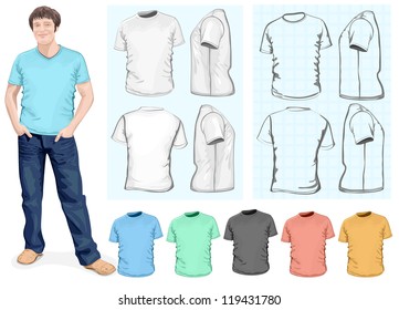 Vector. Men's t-shirt design template (front, back, side view). Different variants