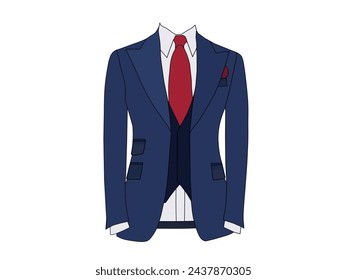 Vector men's tuxedo suit with dark blue color and red color tie.
