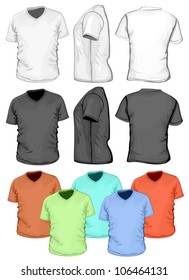 Vector. Men's V-neck t-shirt design template (front, back and side view)