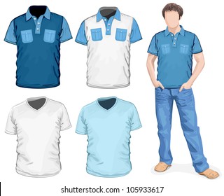 Vector. Men's v-neck t-shirt & polo-shirts design template (front view)