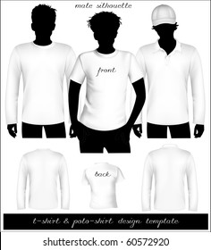 Vector. Men's white t-shirt and polo shirt template with human body silhouette.