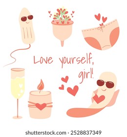 Vector menstruation elements, cute period illustration. Tampon, pad, menstrual cup, briefs, candle and champagne glass.