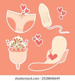 Vector menstruation sticker set, cute period illustration. Tampon, pad, menstrual cup, briefs. Positive hand drawn stickers