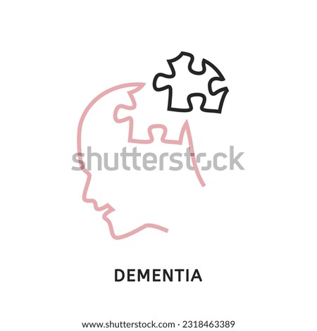 Vector mental disorders icon, pictogram, sign in outline style. Medical editable illustration in pink and black color isolated on white background. Dementia, Alzheimers disease by elderly people. 