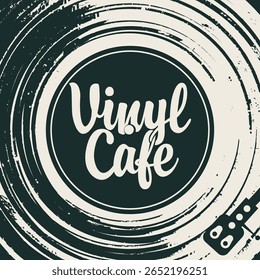 Menu ou banner vetorial para café ou restaurante de música com discos de vinil, placa, jogador e inscrição em estilo vintage. Cartaz publicitário, folheto, tabuleta, logotipo, menu. Sem ai usado
