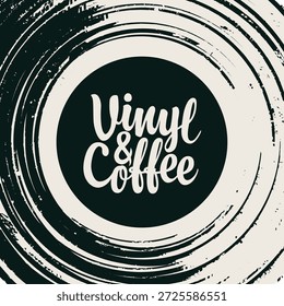 Menú de Vector o Anuncio para cafetería o music restaurant con discos de vinilo, plato, reproductor e inscripción Vinilo y café en estilo vintage. Cartel publicitario, volante, letrero, logotipo, menú. No se utiliza ayuda