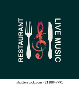 Vektormenü oder Banner für Live-Musik-Restaurant mit Gabel, Messer und einem Dreifach in Form abstrakter heller Flecken auf schwarzem Hintergrund