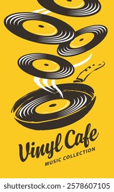 Vector menu or banner for music cafe or restaurant with old vinyl record inside frying pan and other records flying on steam like splashes on yellow background in vintage style and lettering