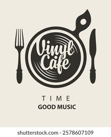 Vector menu or banner for  music cafe with old vinyl record inside frying pan, cutlery and light background in vintage style