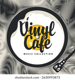 Vector menu or banner for music cafe or restaurant with old vinyl record inside frying pan or player on black background in vintage style and lettering. No AI used