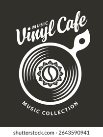 Vector menu, banner for music cafe or restaurant with old vinyl record inside frying pan and coffee bean on black background in vintage style with inscription. Poster, flayer, menu, invitation. No AI 
