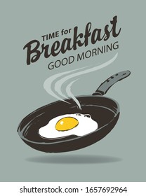 Vector menu or banner on the theme of Breakfast time. Illustration with hot fried egg on a frying pan in retro style. Morning banner or menu