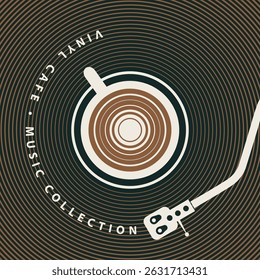 Vector menu, banner or poster for music cafe with old vinyl record and coffee cup in the center on chocolate background in vintage style with inscription. Music collection. No AI used