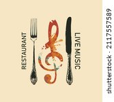 Vector menu or banner for restaurant with live music decorated with fork, knife and a treble clef in the form of abstract bright spots on a light background in retro style
