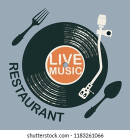 Vector menu or banner for restaurant with live music decorated with record player, old vinyl record and cutlery on gray background in retro style