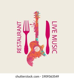 Vector Menu Or Banner For Restaurant With Live Music Decorated With Fork, Knife And Abstract Guitar With Bright Paint Spots On A Light Background