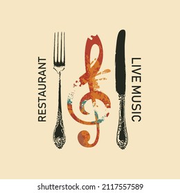 Vector Menu Or Banner For Restaurant With Live Music Decorated With Fork, Knife And A Treble Clef In The Form Of Abstract Bright Spots On A Light Background In Retro Style