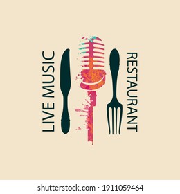 Vector menu or banner in retro style for restaurant with live music decorated with fork, knife and abstract microphone in form of bright stains on a light background