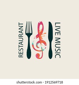 Vector menu or banner in retro style for restaurant with live music decorated with fork, knife and abstract treble clef in form of bright spots on a light background