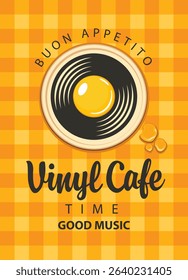 Vector menu or banner for vinyl cafe or music restaurant with old vinyl record inside plate and fried egg on yellow background of checkered tablecloth in vintage style. No AI used