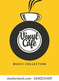 Vector menu or banner for vinyl cafe or music restaurant with old vinyl record inside plate, record player and cup on yellow background in vintage style. No AI used