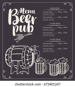 Vector menu for beer pub with barrel and full beer glasses in retro style. Drawing chalk on a wooden board with inscription and price list.