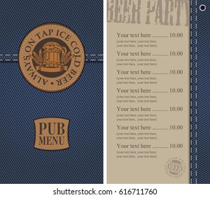 vector menu for beer pub on denim background with price list and a leather label with a picture of a beer mug