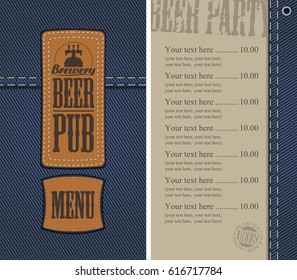 vector menu for beer pub on denim background with price list and two sewed leather labels