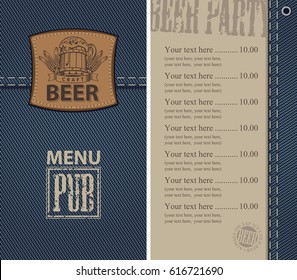 vector menu for beer pub on denim background with price list and a leather label with a picture of a beer mug
