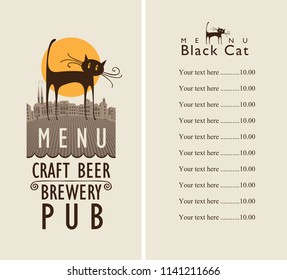 Vector menu for beer pub with price list and cover with a black cat on the background of old town in retro style and with words Craft beer, Brewery