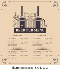 Vector menu for beer pub with price list and beer production in retro style in curly frame.