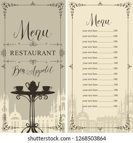 Vector menu for cafe or restaurant with price list