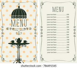 Vector menu for a cafe or restaurant with a price list and image of the table with a kettle and cups on the background with yellow polka dots.