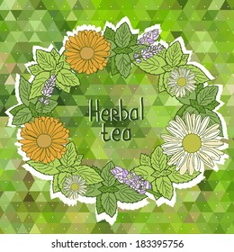 Vector menu card. Vector card with herbal tea sign, flower wreath on the green triangle background.