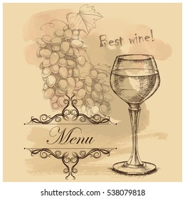 Vector menu, card with sketch of grapes, wine glass on old paper background for design