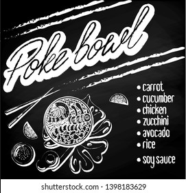 Vector menu of chicken poke bowl on chalk board background. Illustrations of a lunch of Hawaiian cuisine with lettering. Chicken, cucumber, avocado, soy sauce, carrots, rice, zucchini.