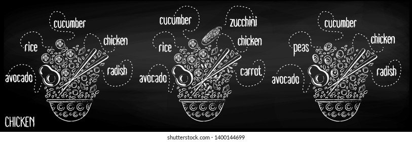 Vector menu of chicken poke bowl on chalk board background. Illustrations of a lunch of Hawaiian cuisine with lettering. Chicken, cucumber, radish, avocado, soy sauce, carrots, rice, zucchini, peas.