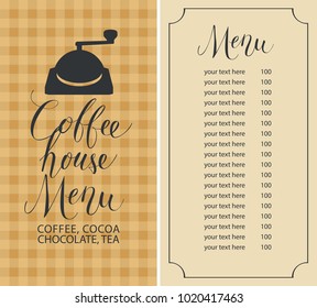 Vector menu for coffee house with coffee grinder, price list and handwritten inscriptions on the background of checkered tablecloth in retro style