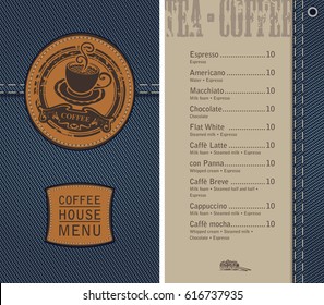 vector menu for coffee house on denim background with price list and a leather label with a picture of a cup of coffee