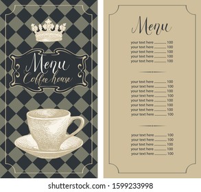 Vector menu for coffee house with price list, hand-drawn Cup, crown and handwritten inscriptions on the background of checkered tablecloth in figured frame in retro style