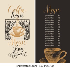 Vector menu for coffee house with price list and handwritten inscriptions, decorated with hand-drawn coffee cup and curtains in retro style.