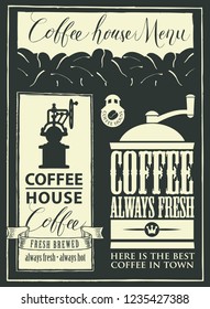 Vector menu for a coffee house and set of design elements with handwritten inscriptions and coffee grinder in retro style on black background. Drawing chalk on the blackboard.