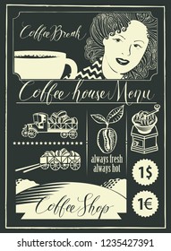 Vector menu for a coffee house and set of design elements with handwritten inscriptions, girl, a cup of coffee and vintage cars in retro style. Drawing chalk on the blackboard.