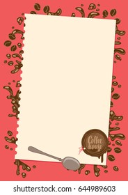 vector menu for coffee house with sheet of paper, spoon and sealing wax on red background with coffee splashes in retro style