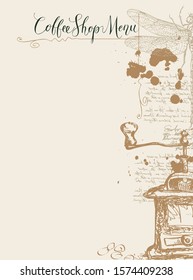 Vector menu for Coffee shop with place for price list, a pencil drawing of coffee grinder, dragonfly and handwritten inscriptions on the abstract background of old manuscript with spots in retro style