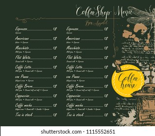 Vector menu for Coffee shop with price list with pencil drawing of coffee grinder, dragonfly and handwritten inscriptions on the abstract background of old manuscript with spots in retro style